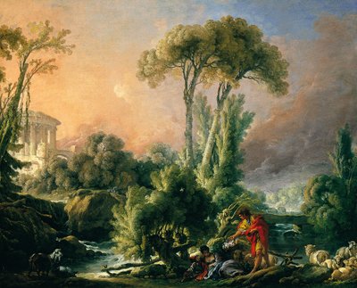 River Landscape with Ancient Temple by François Boucher